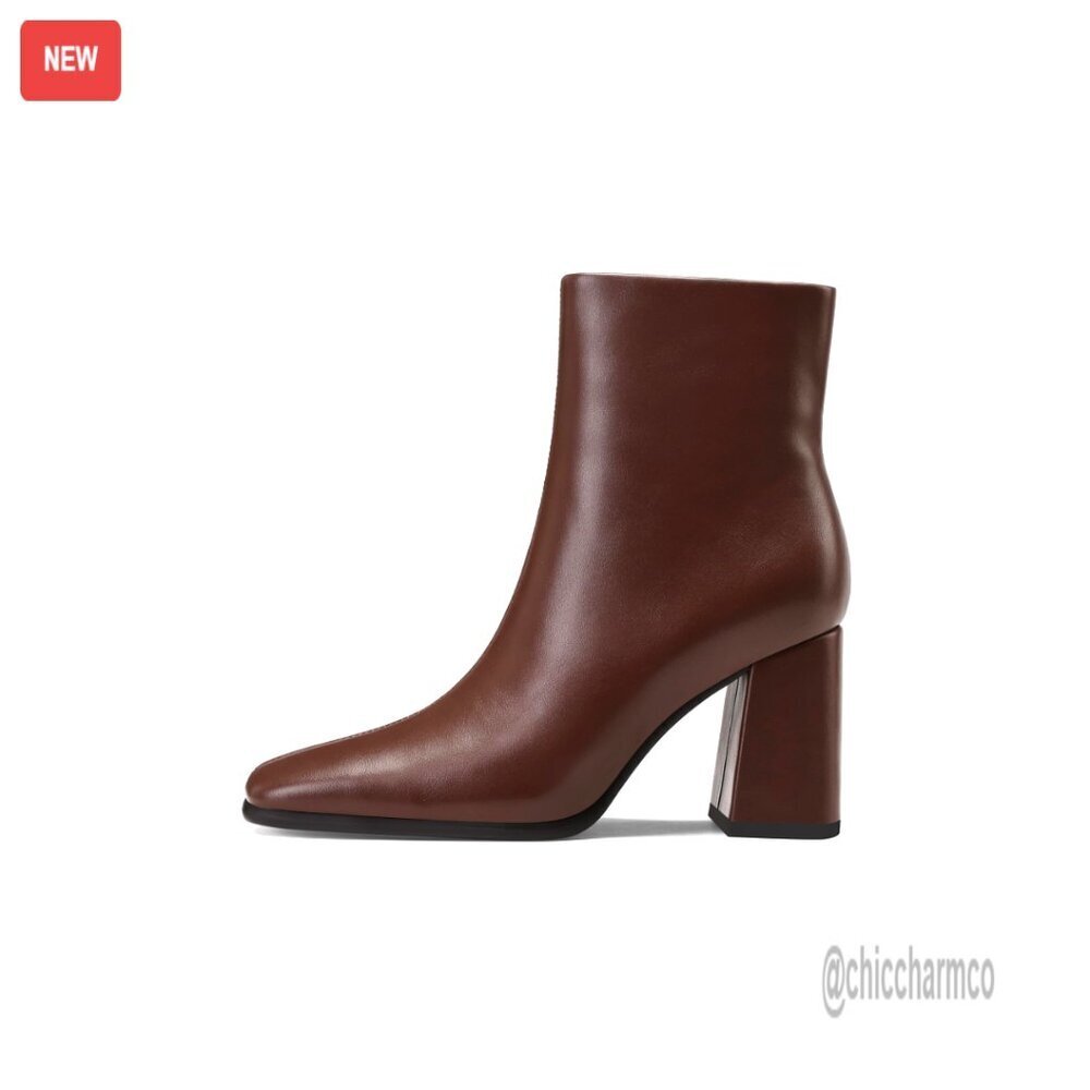 Square Toe Ankle Boots with Chunky Heel, Side Zipper, Synthetic Leather